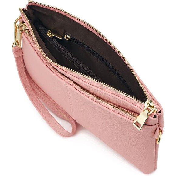 ⚡Women\'s Lightweight Cream Triple Zip Vegan Leather Clutch Wristlet Bag